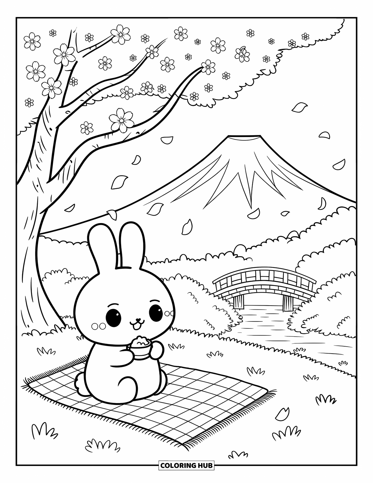 Nature Coloring Page for Adults: A soft spring scene with a fluffy bunny enjoying a peaceful picnic under cherry blossoms