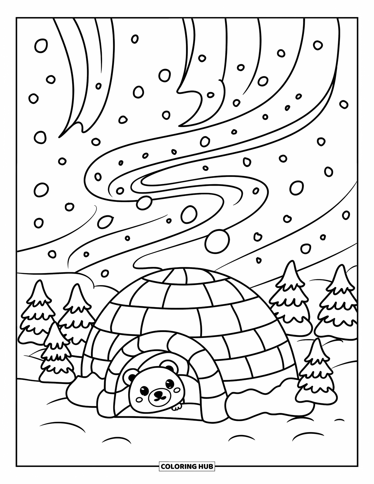 Nature Coloring Page for Adults: A tiny bear cub peeks from an igloo, gazing at the Northern Lights over a snowy forest