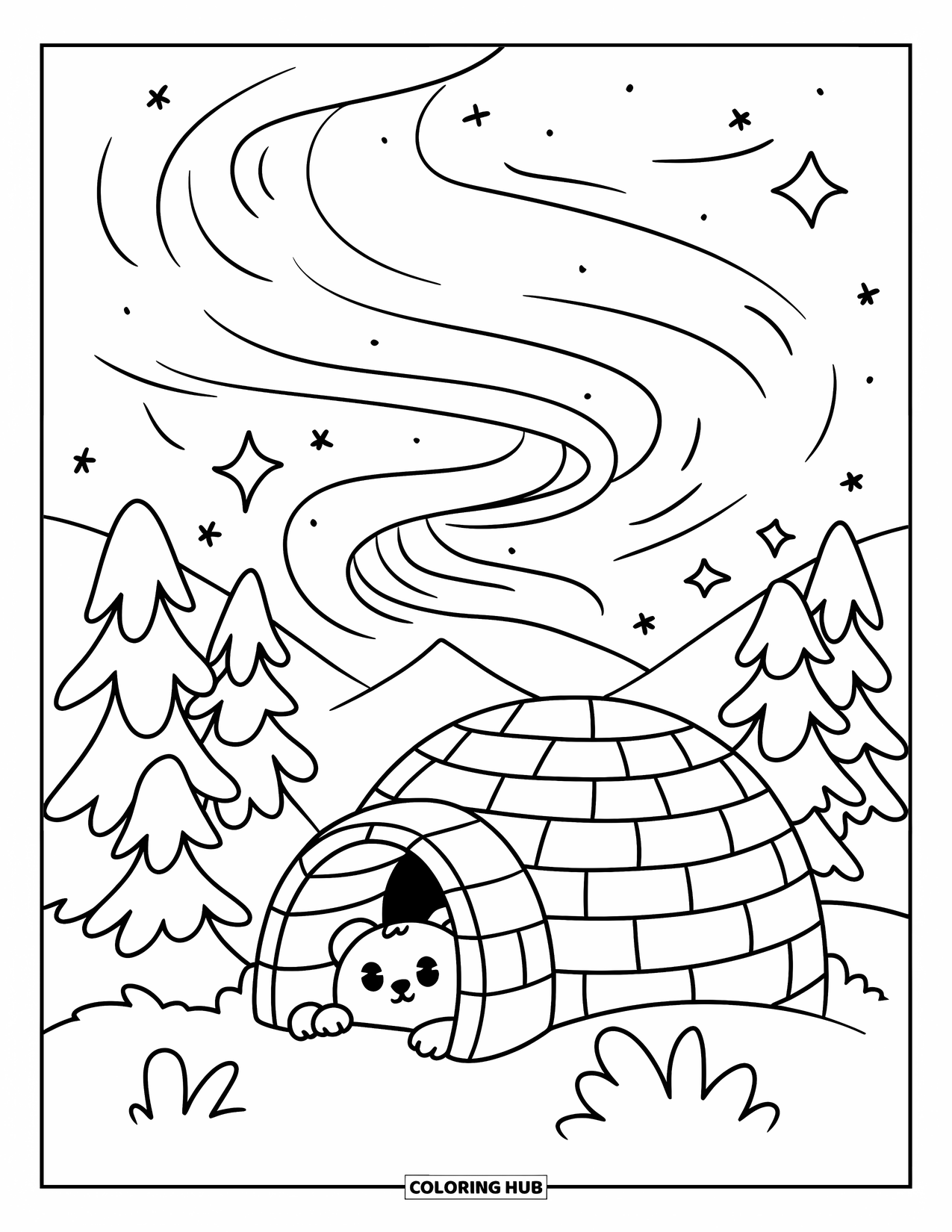 Nature Coloring Page for Adults: A tiny bear watches the Northern Lights, surrounded by snow-covered pine trees