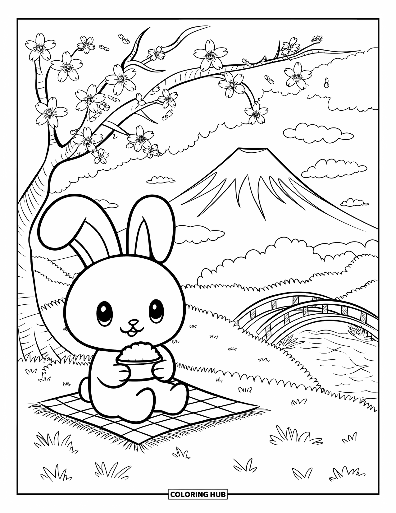 Nature Coloring Page for Adults: A tiny bunny enjoys a picnic under blooming cherry blossoms, with Mount Fuji in the background