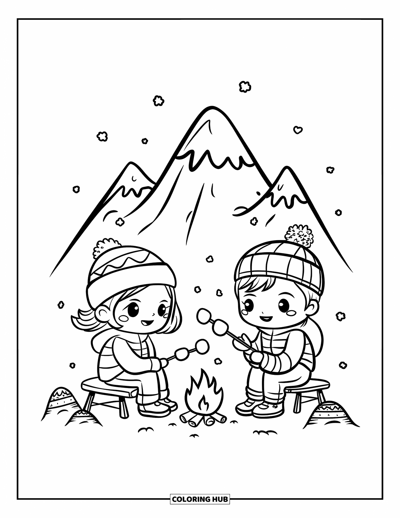 Nature Coloring Page for Adults: A tiny campsite near a rounded Mount Everest, with climbers roasting marshmallows under snowfall