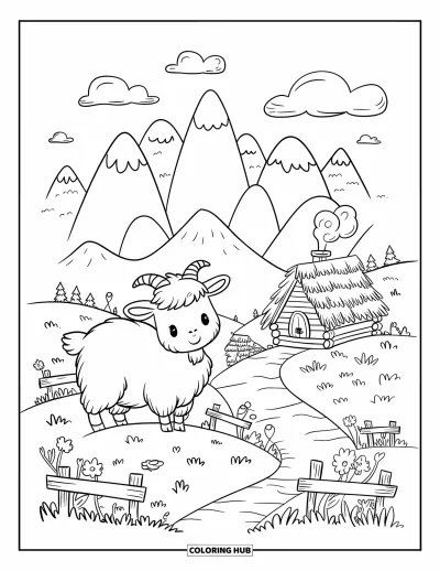 Nature Coloring Page for Adults: A tiny goat enjoys a peaceful hilltop, with a wooden cabin nestled in the mountains