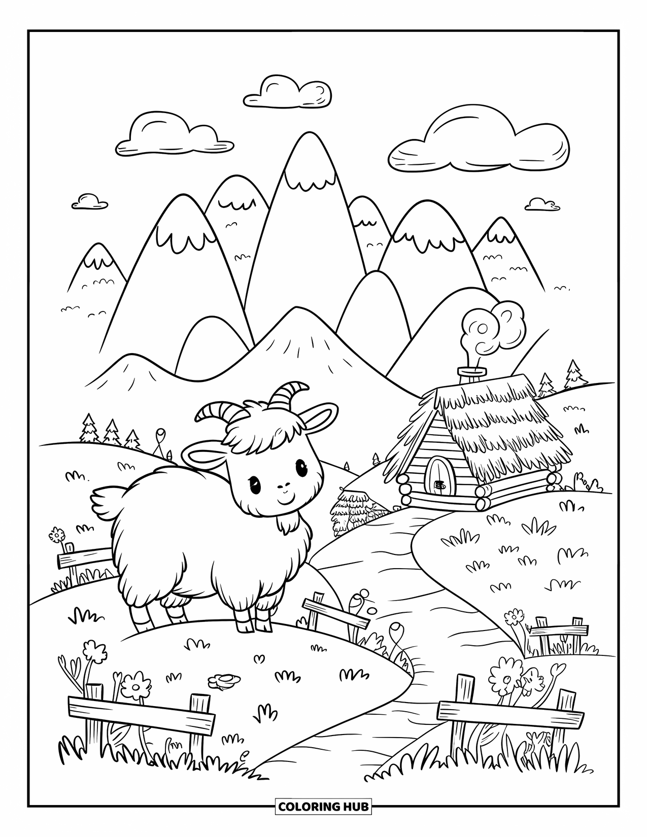 Nature Coloring Page for Adults: A tiny goat enjoys a peaceful hilltop, with a wooden cabin nestled in the mountains