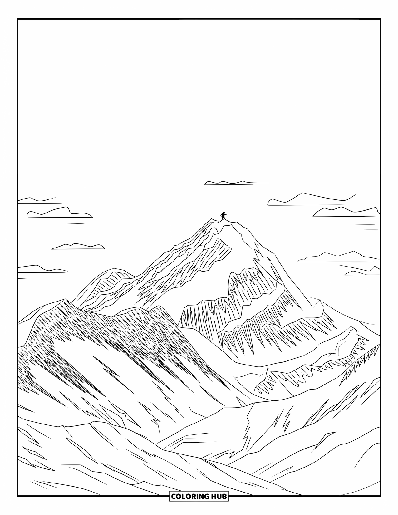 Nature Coloring Page for Adults: A towering, snow-covered peak stands tall as a climber journeys upward