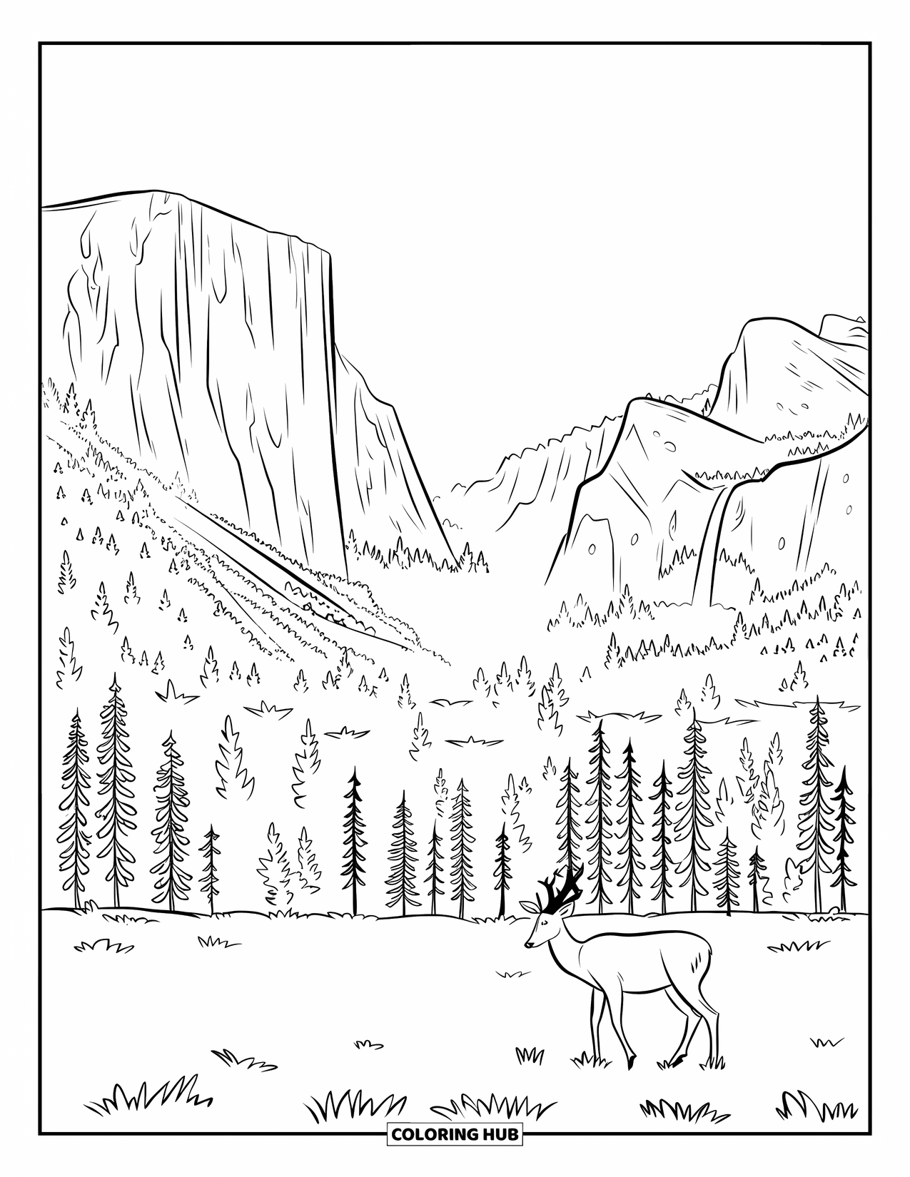 Nature Coloring Page for Adults: A tranquil meadow sits beneath towering granite cliffs and a cascading waterfall