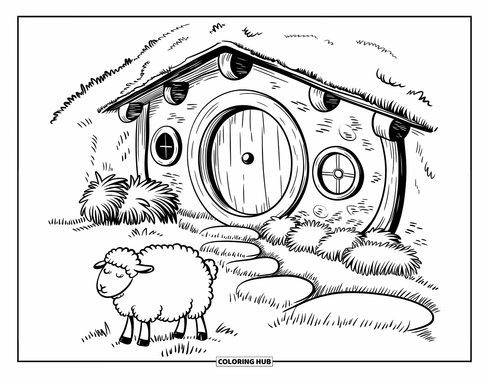 Nature Coloring Page for Adults: A whimsical hill dotted with round doors, a grazing sheep, and a touch of magic