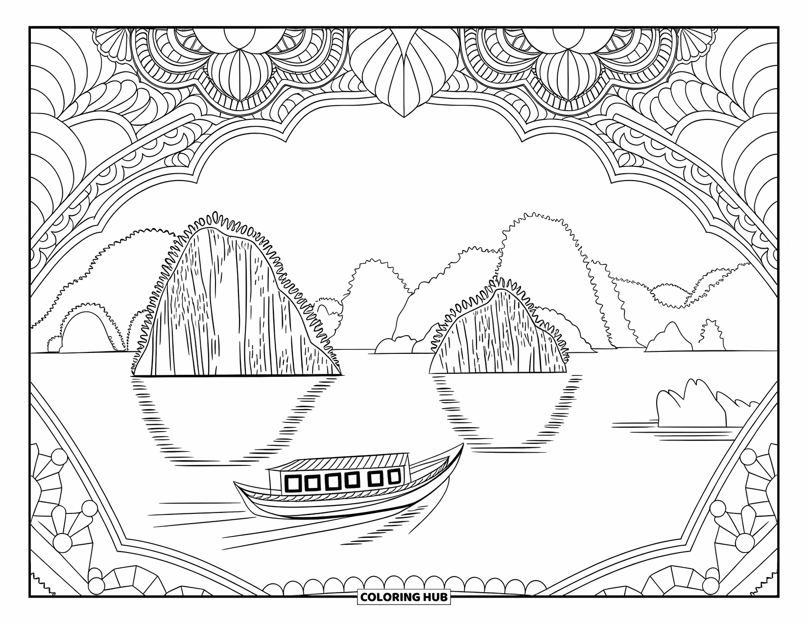 Nature Coloring Page for Adults: A wooden boat drifts across a serene seascape of limestone islands and tranquil waters