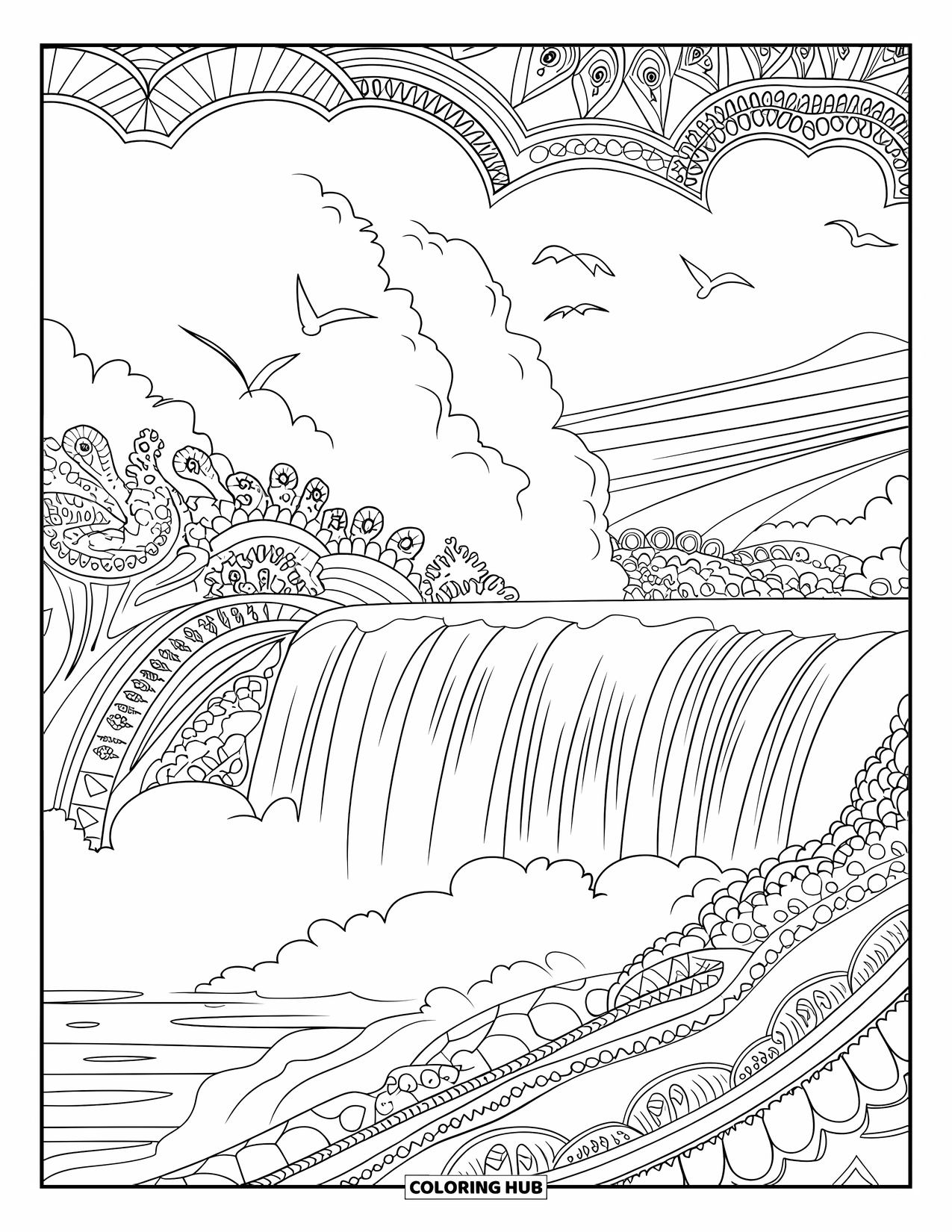 Nature Coloring Page for Adults: Niagara Falls roars as mist rises and birds soar above the rushing water
