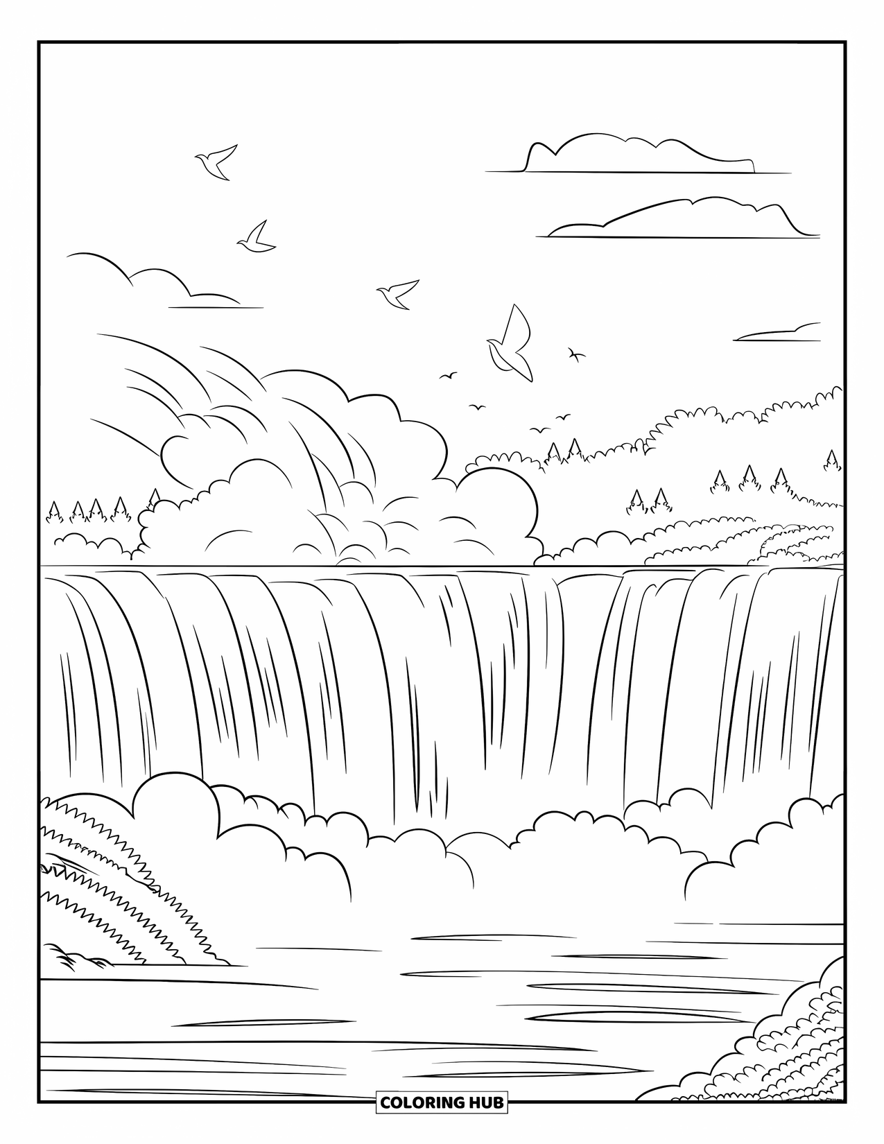 Nature Coloring Page for Adults: Rushing water crashes down as birds glide above the misty falls