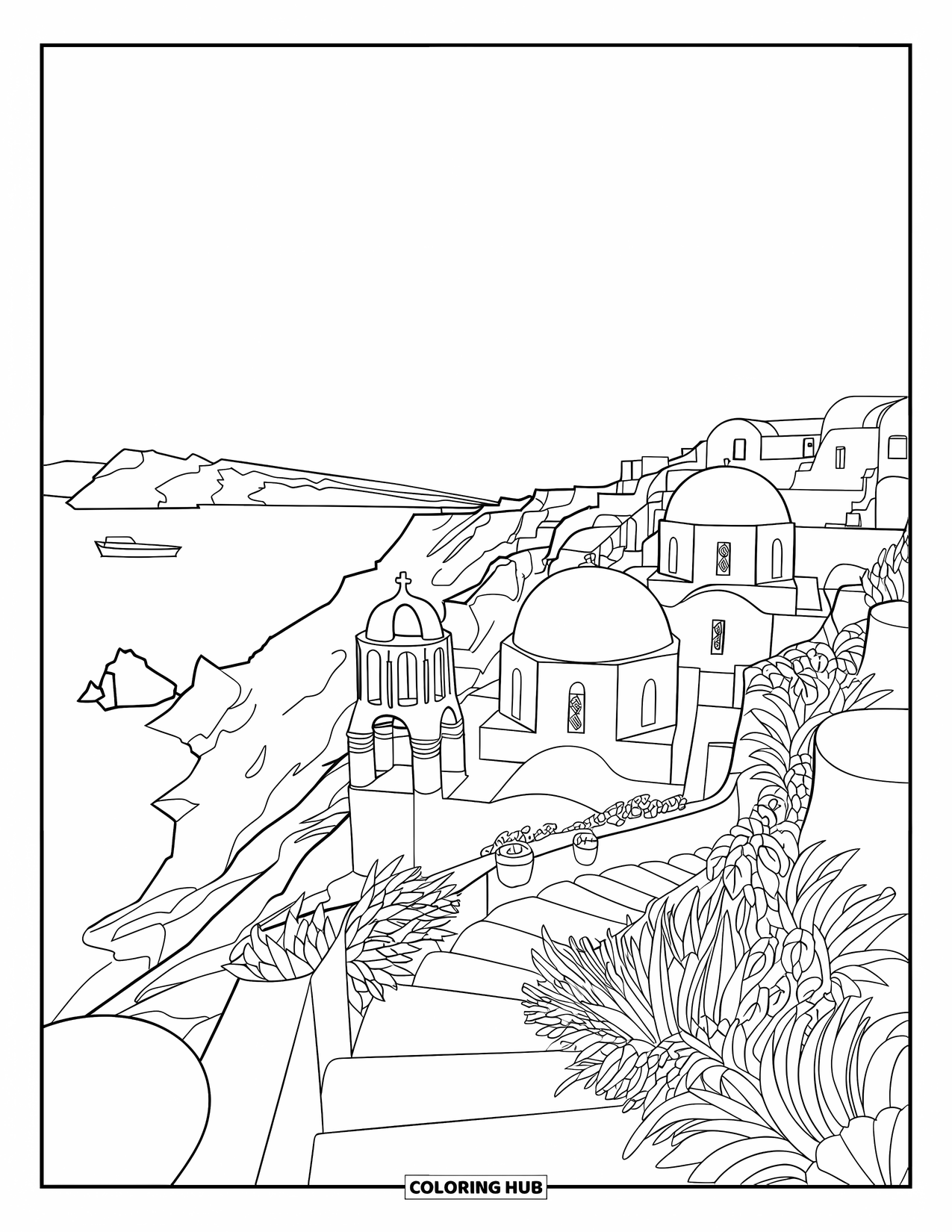 Nature Coloring Page for Adults: Santorini's white-washed houses sit on cliffs overlooking the vast Aegean Sea
