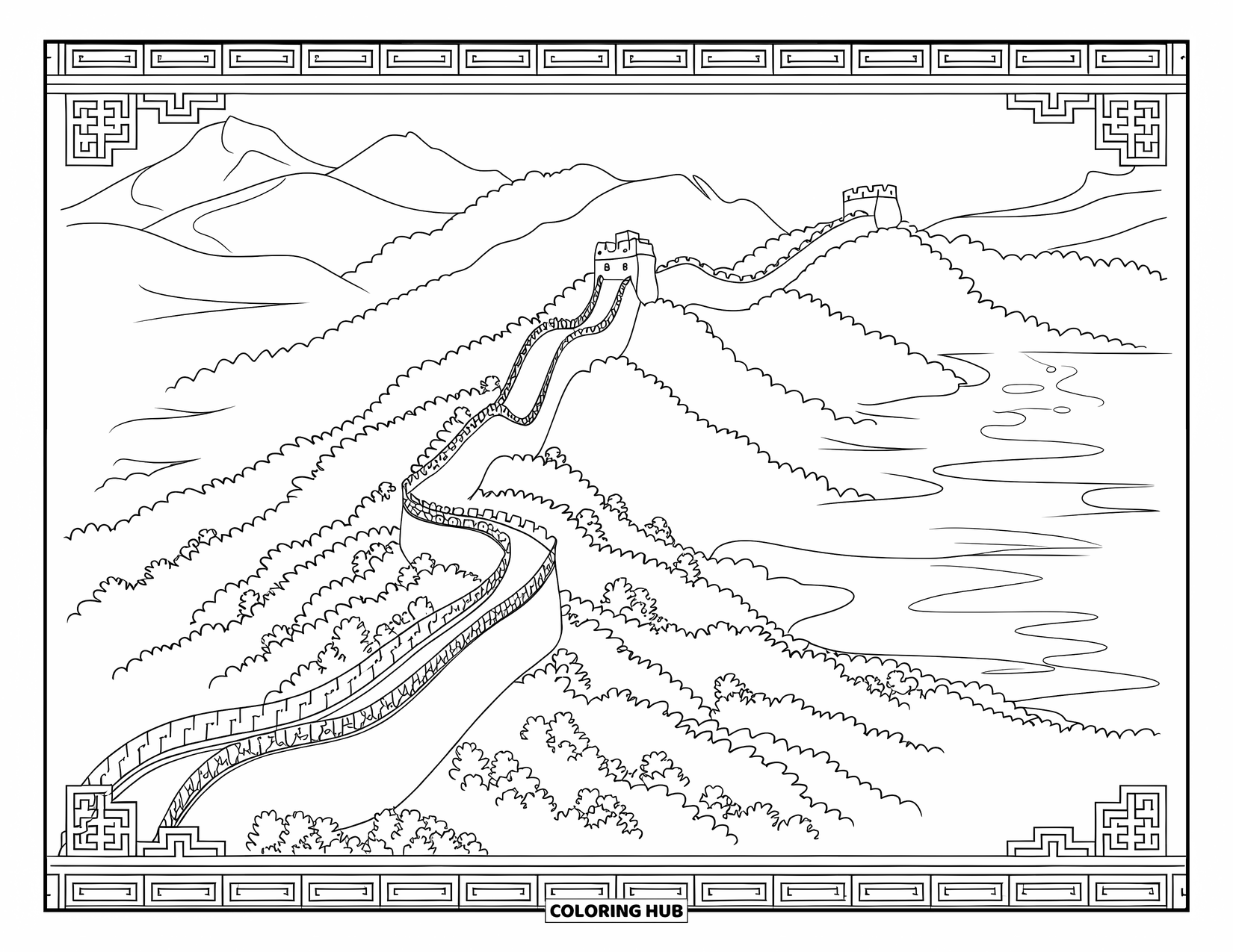 Nature Coloring Page for Adults: The Great Wall stretches over hills with mist rolling through the valleys