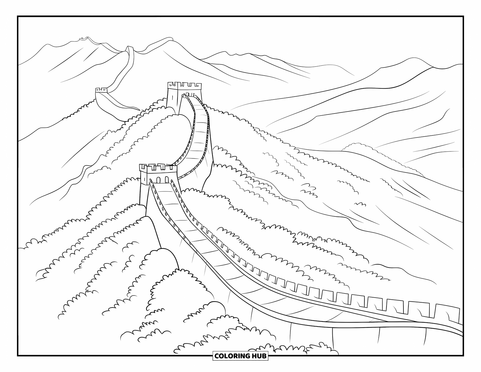 Nature Coloring Page for Adults: The Great Wall winds through rolling hills, disappearing into a misty valley