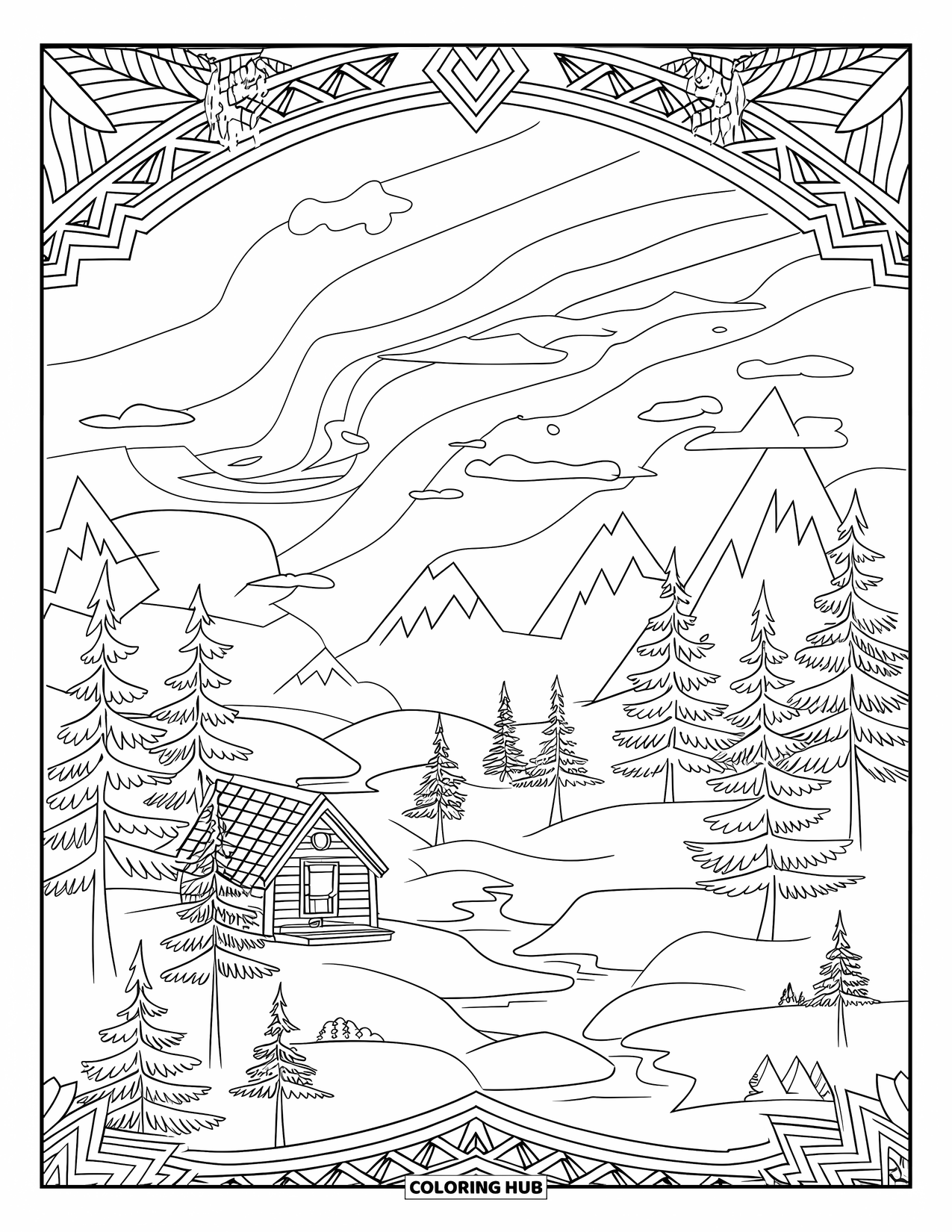 Nature Coloring Page for Adults: The Northern Lights swirl above a snow-covered forest and a warm wooden cabin