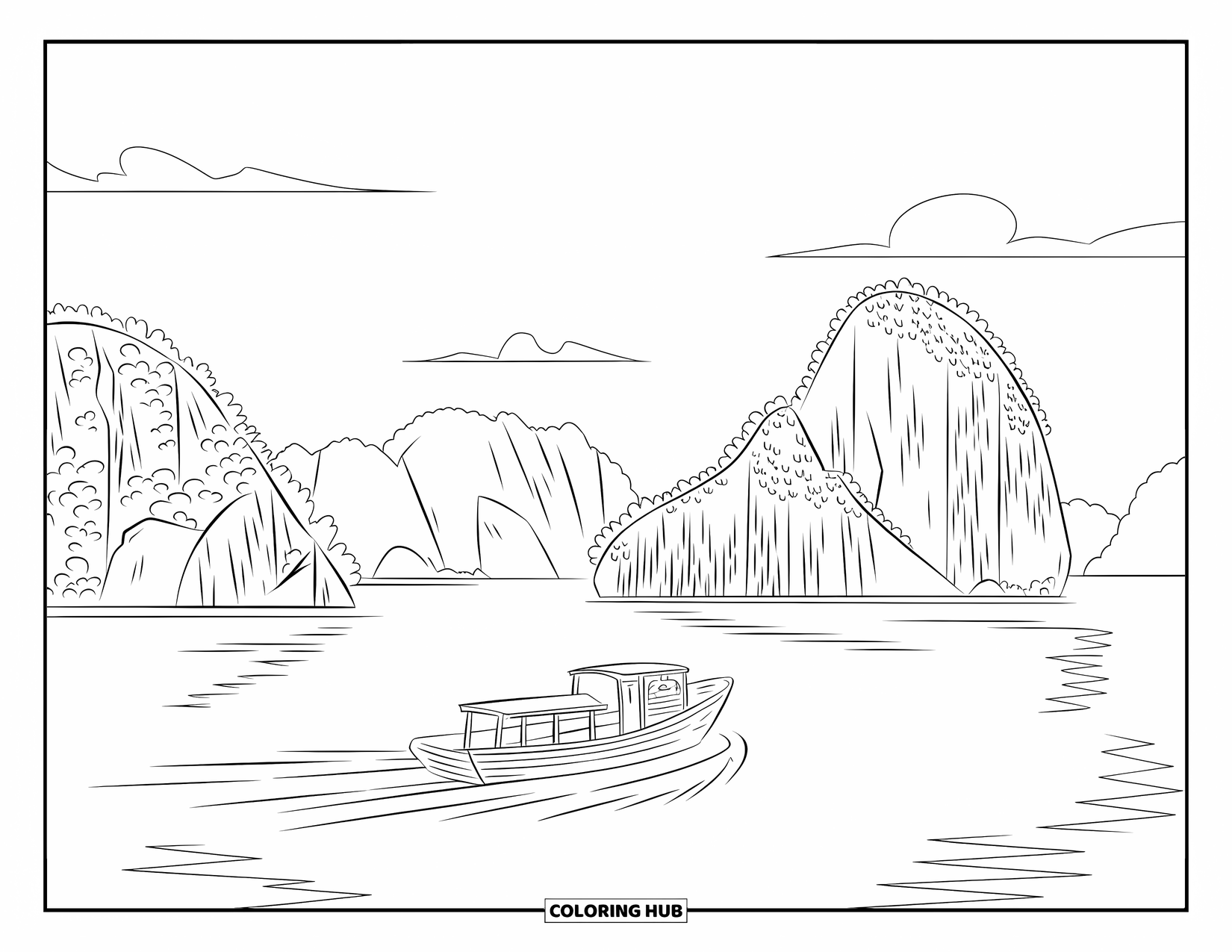 Nature Coloring Page for Adults: Towering limestone islands rise from the water as a small boat sails peacefully