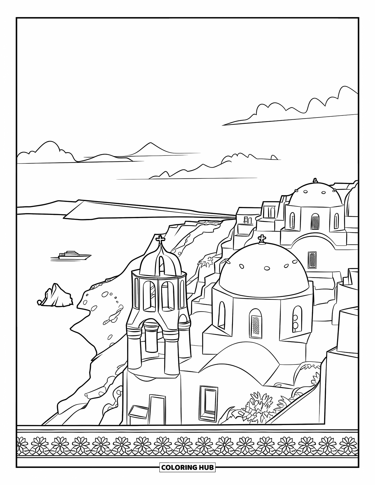 Nature Coloring Page for Adults: White-washed houses with blue domes sit atop cliffs against a serene seascape