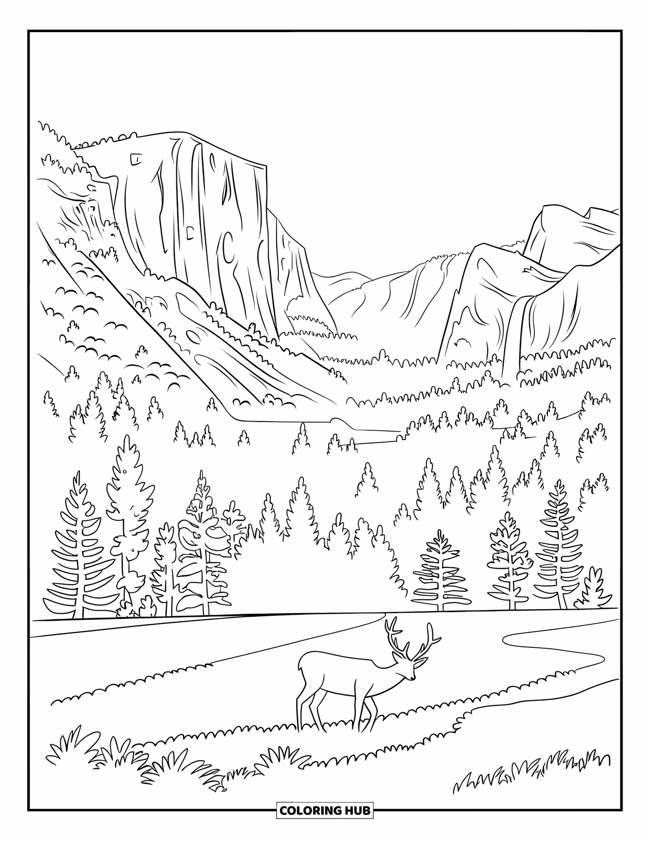 Nature Coloring Page for Adults: Yosemite Valley's cliffs tower over a peaceful meadow with a flowing waterfall