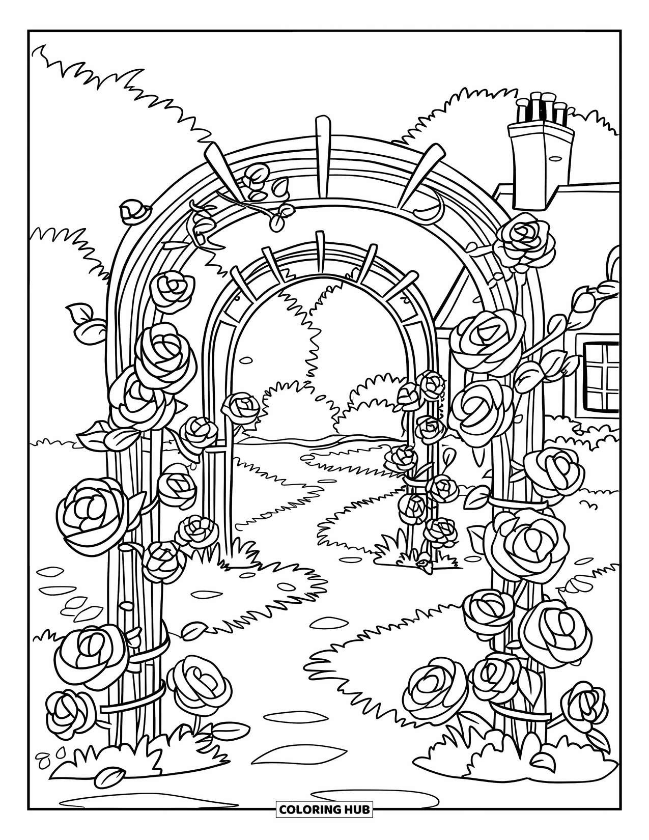 Nature Coloring Page for Kids: A blooming rose garden with twisting vines and a wooden trellis surrounds a cozy cottage
