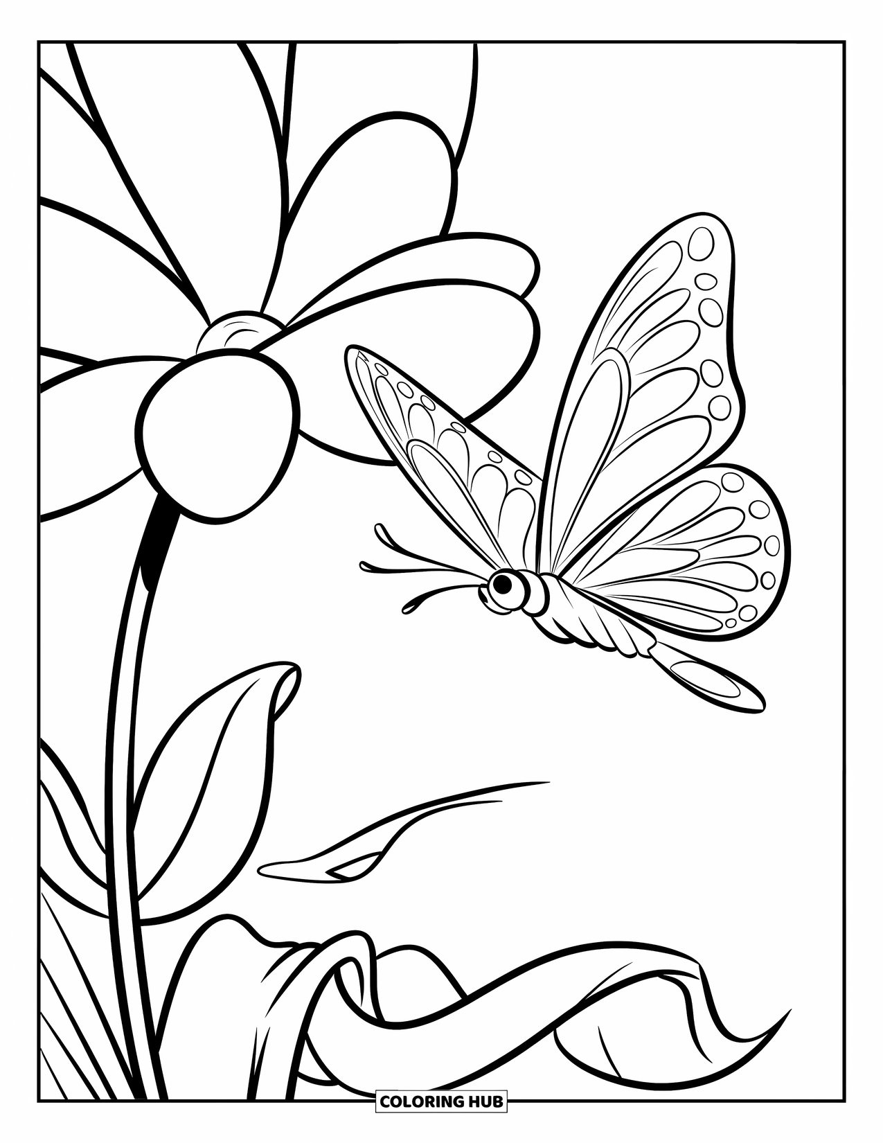 Nature Coloring Page for Kids: A butterfly with delicate wings hovers over a giant flower with a bright yellow center