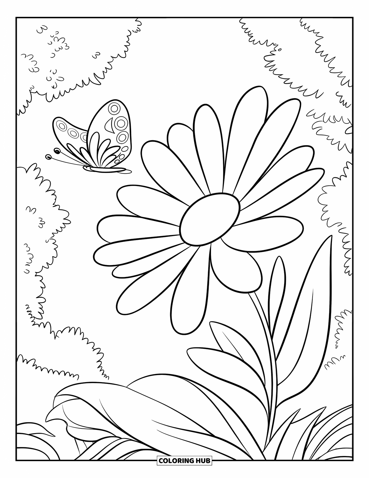 Nature Coloring Page for Kids: A butterfly with intricate patterns flies toward a giant flower swaying in the breeze