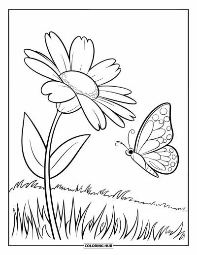 Nature Coloring Page for Kids: A butterfly with spotted wings approaches a flower, surrounded by tall green leaves and stems