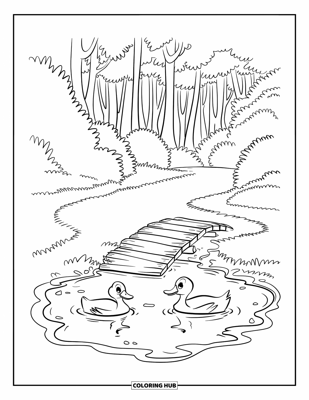 Nature Coloring Page for Kids: A calm pond with two ducks is surrounded by a dense forest and a wooden bridge