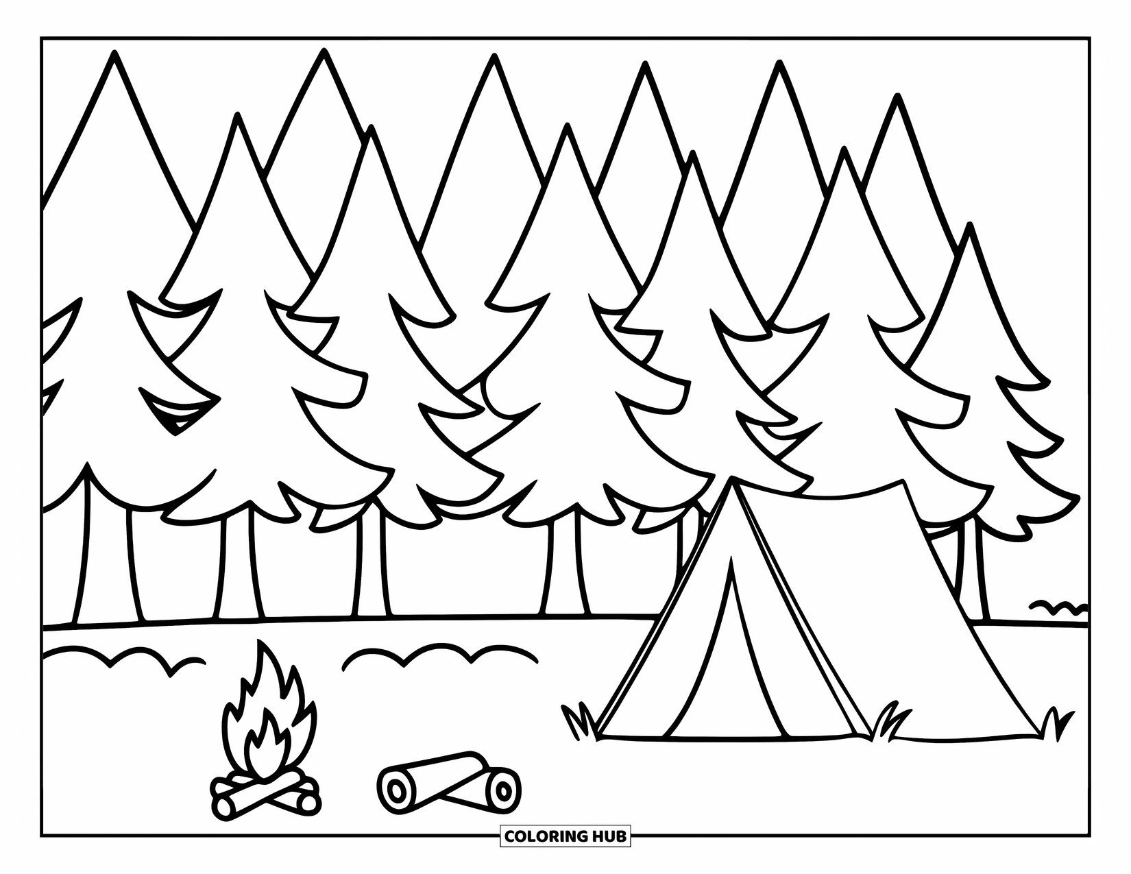 Nature Coloring Page for Kids: A campsite with a tent and a crackling fire sits in a peaceful pine forest