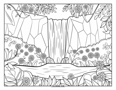 Nature Coloring Page for Kids: A cascading waterfall tumbles into a pool, embraced by thick jungle foliage and blooming flowers