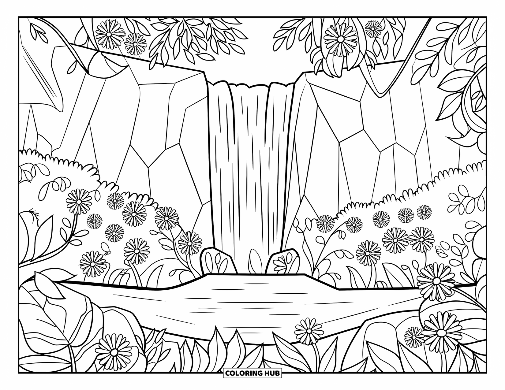 Nature Coloring Page for Kids: A cascading waterfall tumbles into a pool, embraced by thick jungle foliage and blooming flowers