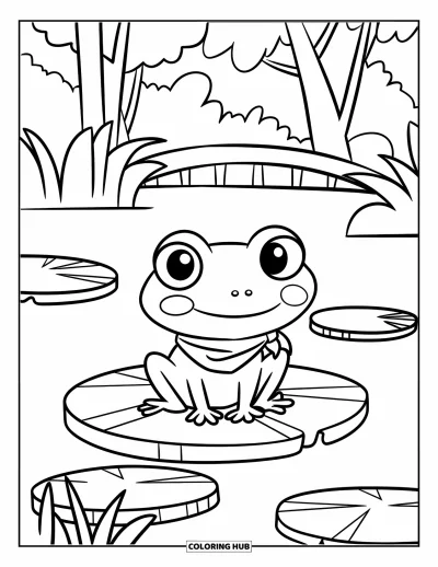 Nature Coloring Page for Kids: A cheerful frog with big eyes rests on a lily pad in a peaceful pond