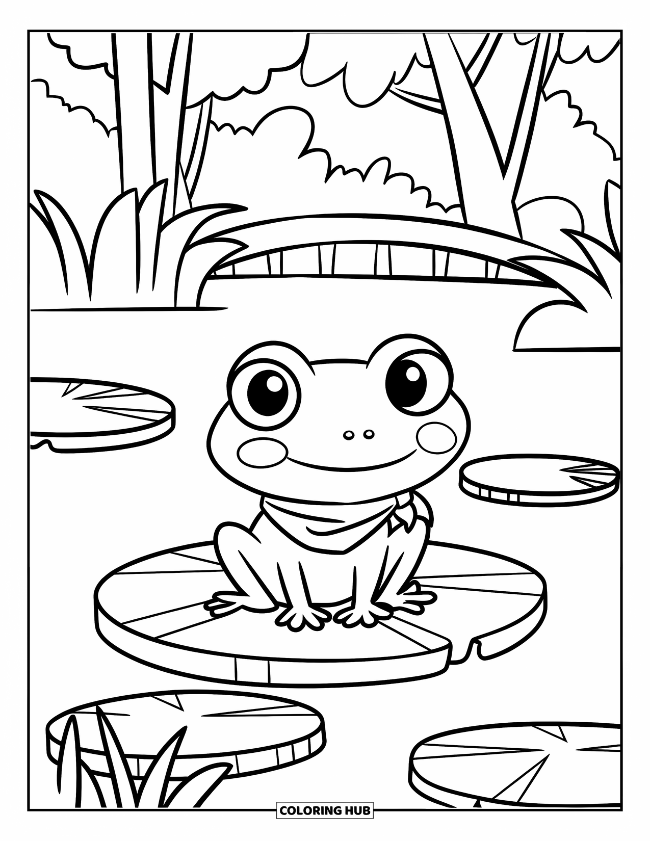 Nature Coloring Page for Kids: A cheerful frog with big eyes rests on a lily pad in a peaceful pond