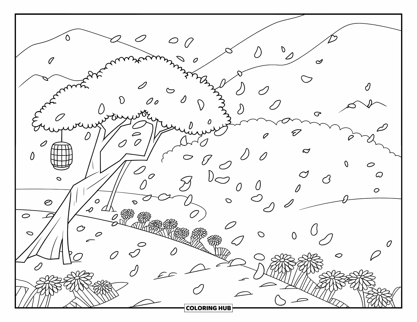 Nature Coloring Page for Kids: A cherry blossom tree stands beside a path, with petals floating gently in the air