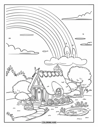 Nature Coloring Page for Kids: A cottage with a thatched roof sits under a bright rainbow, surrounded by colorful flowers