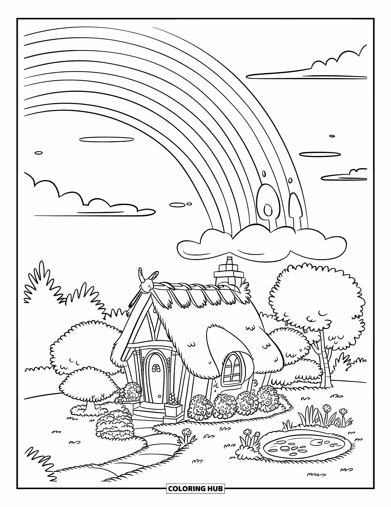 Nature Coloring Page for Kids: A cottage with a thatched roof sits under a bright rainbow, surrounded by colorful flowers