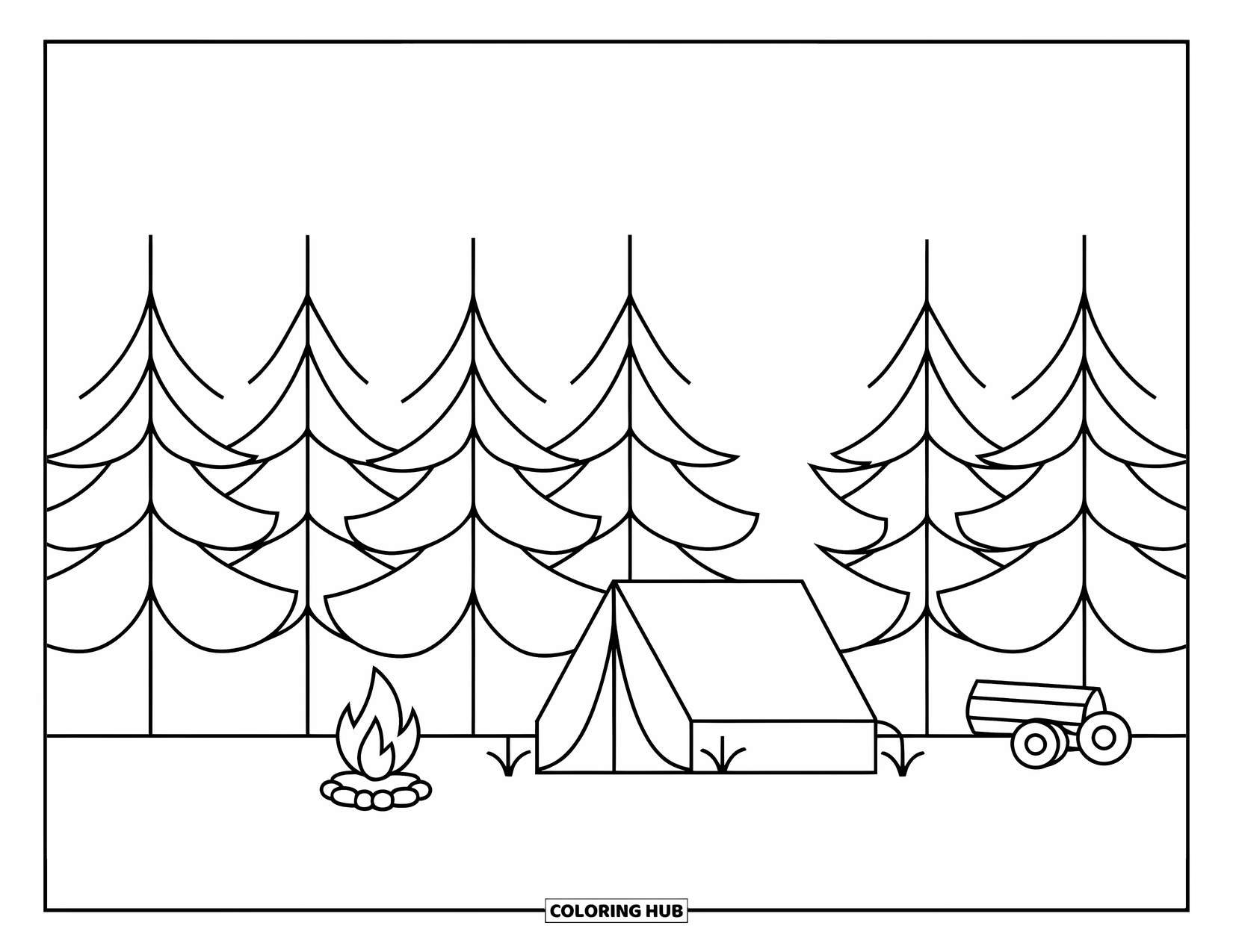 Nature Coloring Page for Kids: A cozy tent sits among tall pine trees, with a campfire and logs beside it