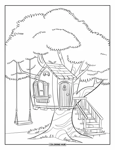 Nature Coloring Page for Kids: A cozy treehouse with a swing hangs from a large tree, surrounded by a green forest