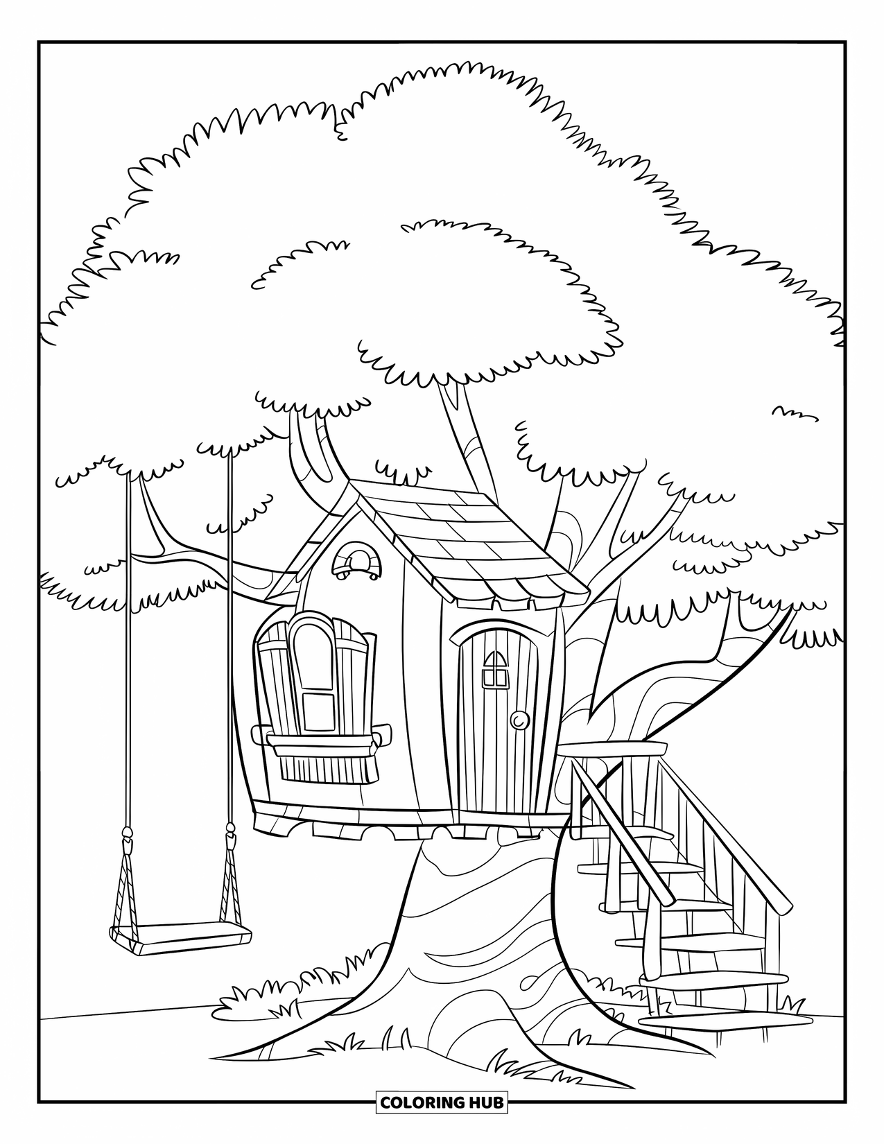 Nature Coloring Page for Kids: A cozy treehouse with a swing hangs from a large tree, surrounded by a green forest