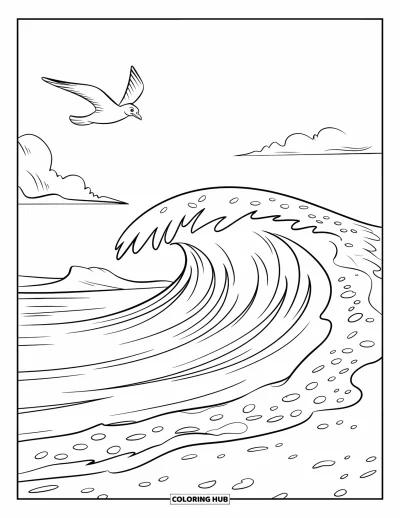 Nature Coloring Page for Kids: A crashing wave rolls onto a sandy beach, while a seagull soars above the water