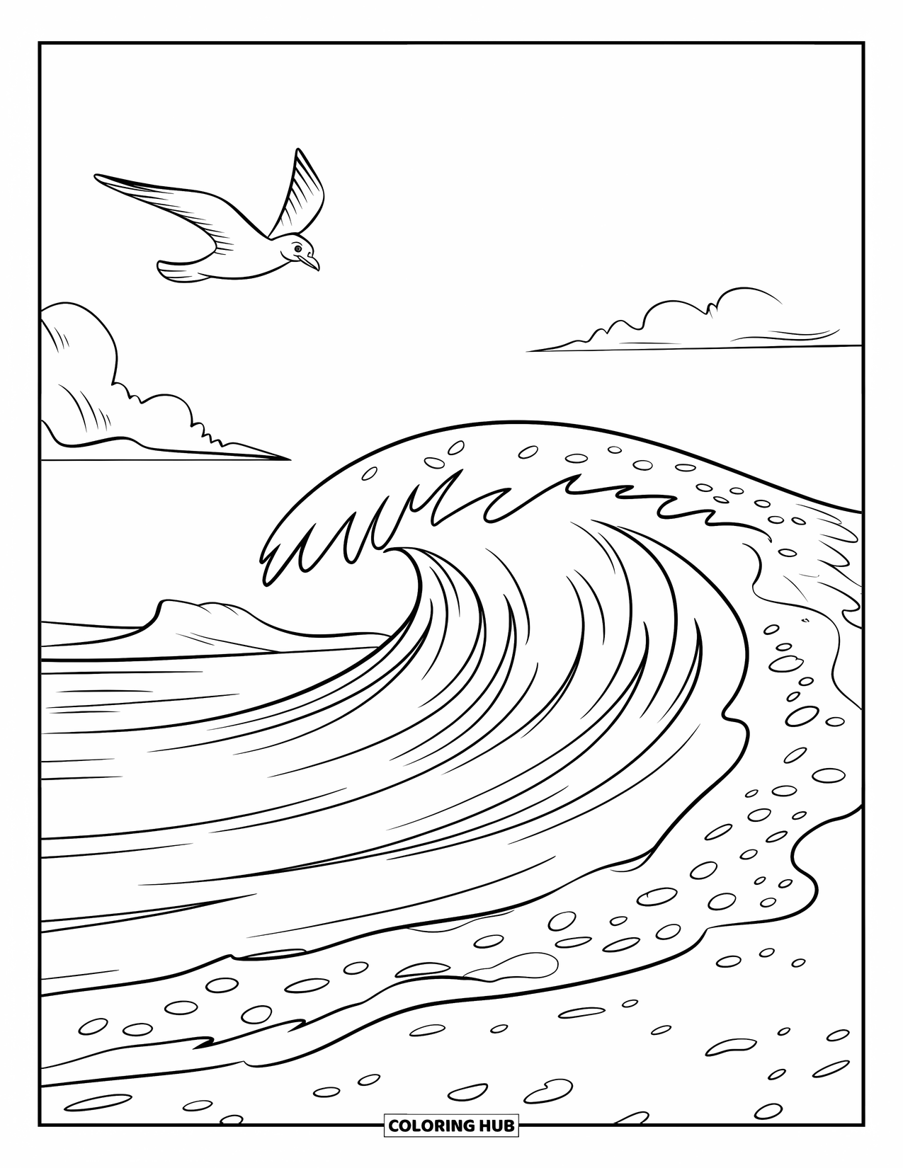 Nature Coloring Page for Kids: A crashing wave rolls onto a sandy beach, while a seagull soars above the water