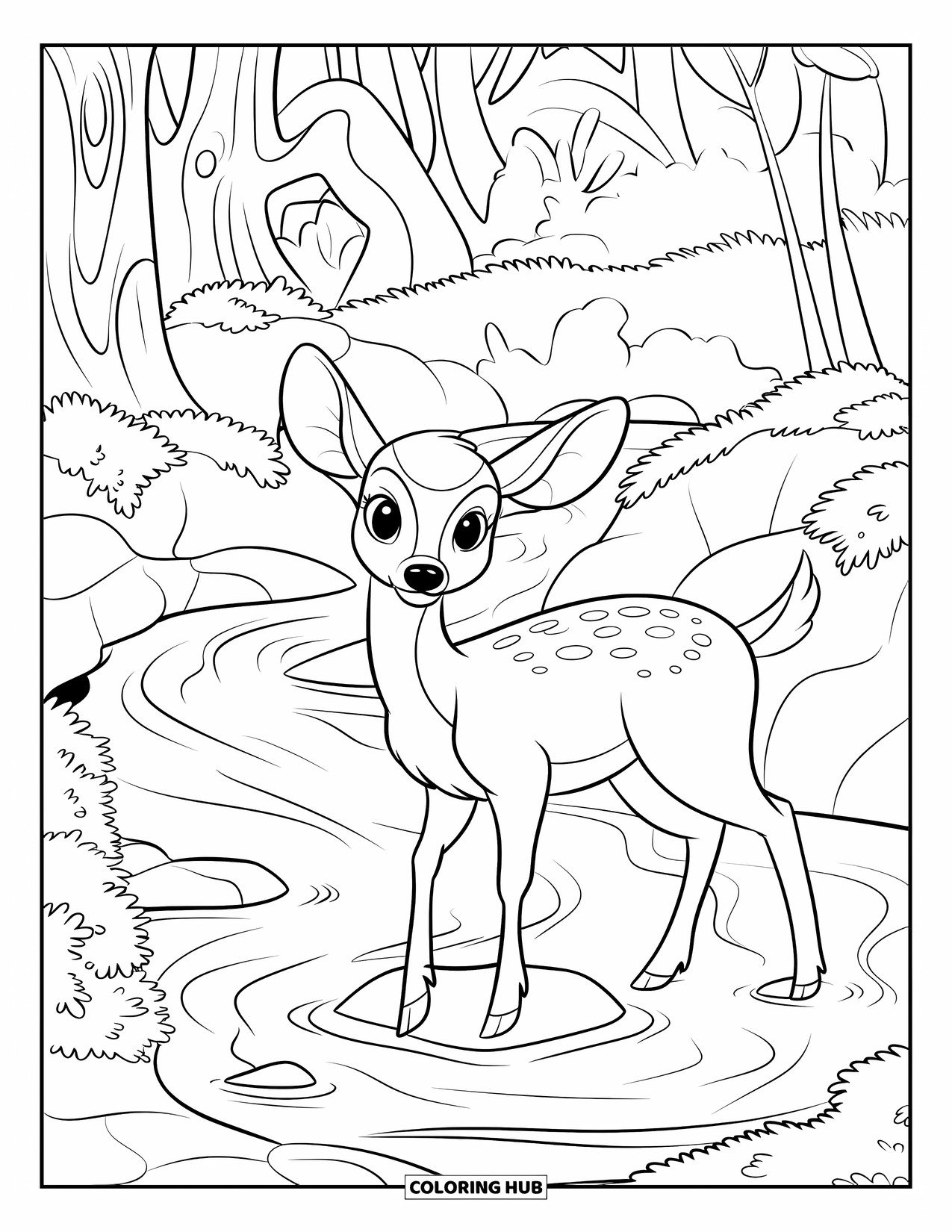 Nature Coloring Page for Kids: A deer gazes at a bubbling stream, surrounded by moss-covered rocks and towering trees