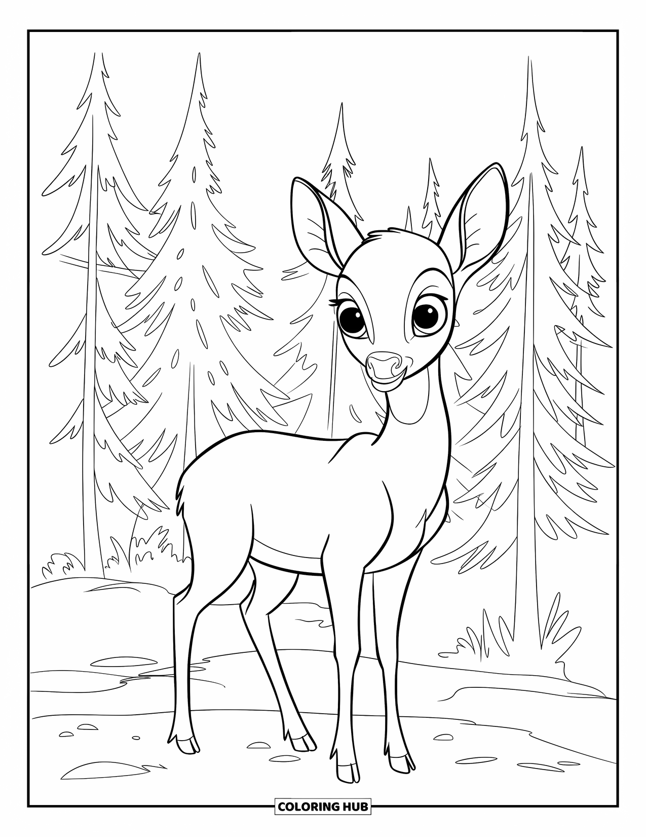 Nature Coloring Page for Kids: A deer stands calmly in a misty forest, surrounded by towering pine trees