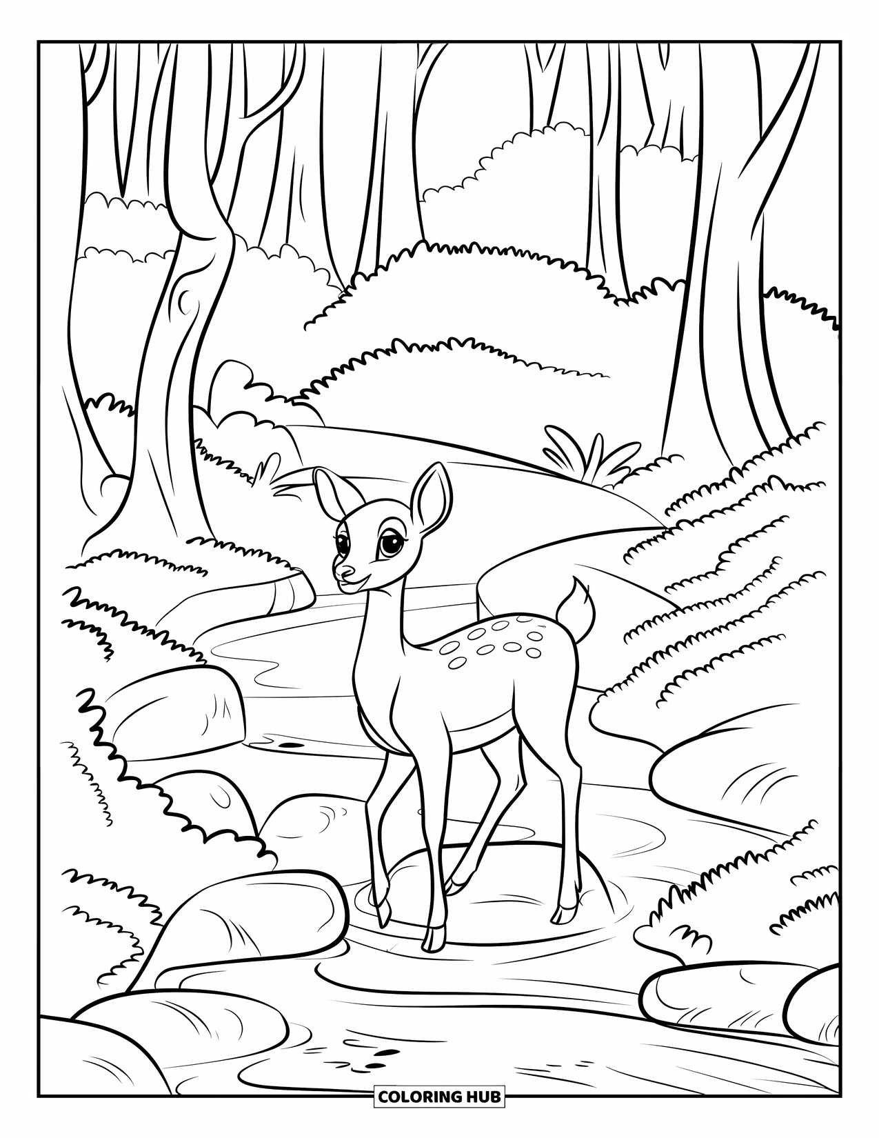 Nature Coloring Page for Kids: A deer stands on a rock in a bubbling stream, surrounded by trees and soft greenery