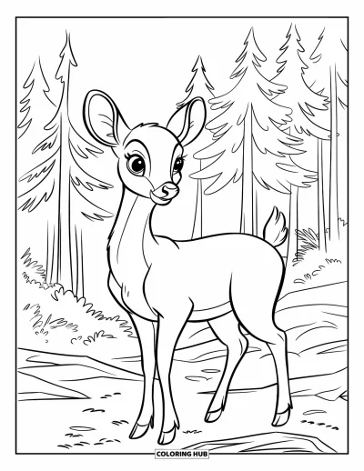 Nature Coloring Page for Kids: A deer with a gentle stance stands on rocky terrain, surrounded by a pine forest