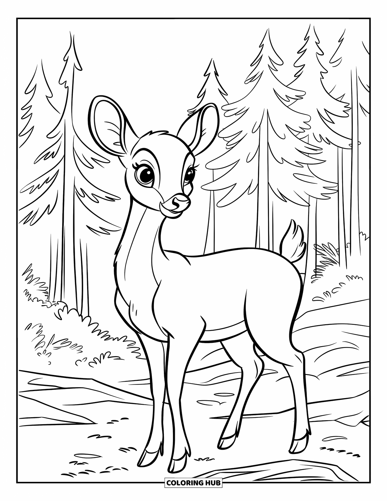 Nature Coloring Page for Kids: A deer with a gentle stance stands on rocky terrain, surrounded by a pine forest