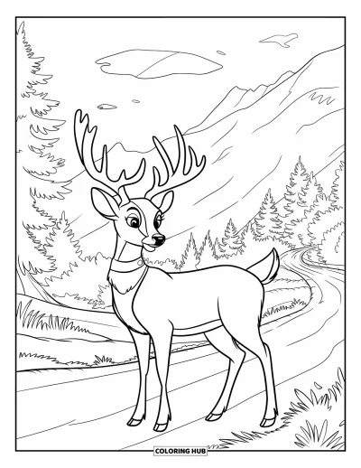 Nature Coloring Page for Kids: A deer with antlers and a collar walks along a misty path in the woods