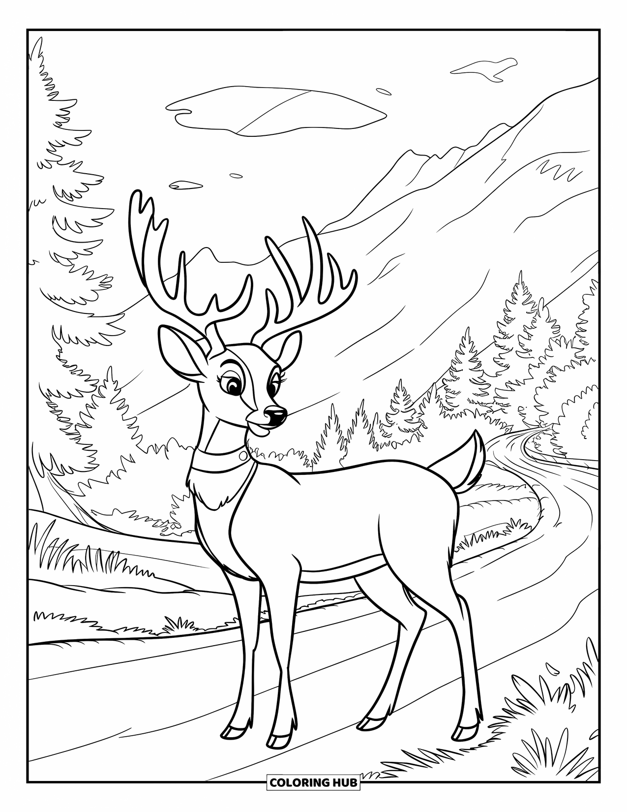 Nature Coloring Page for Kids: A deer with antlers and a collar walks along a misty path in the woods