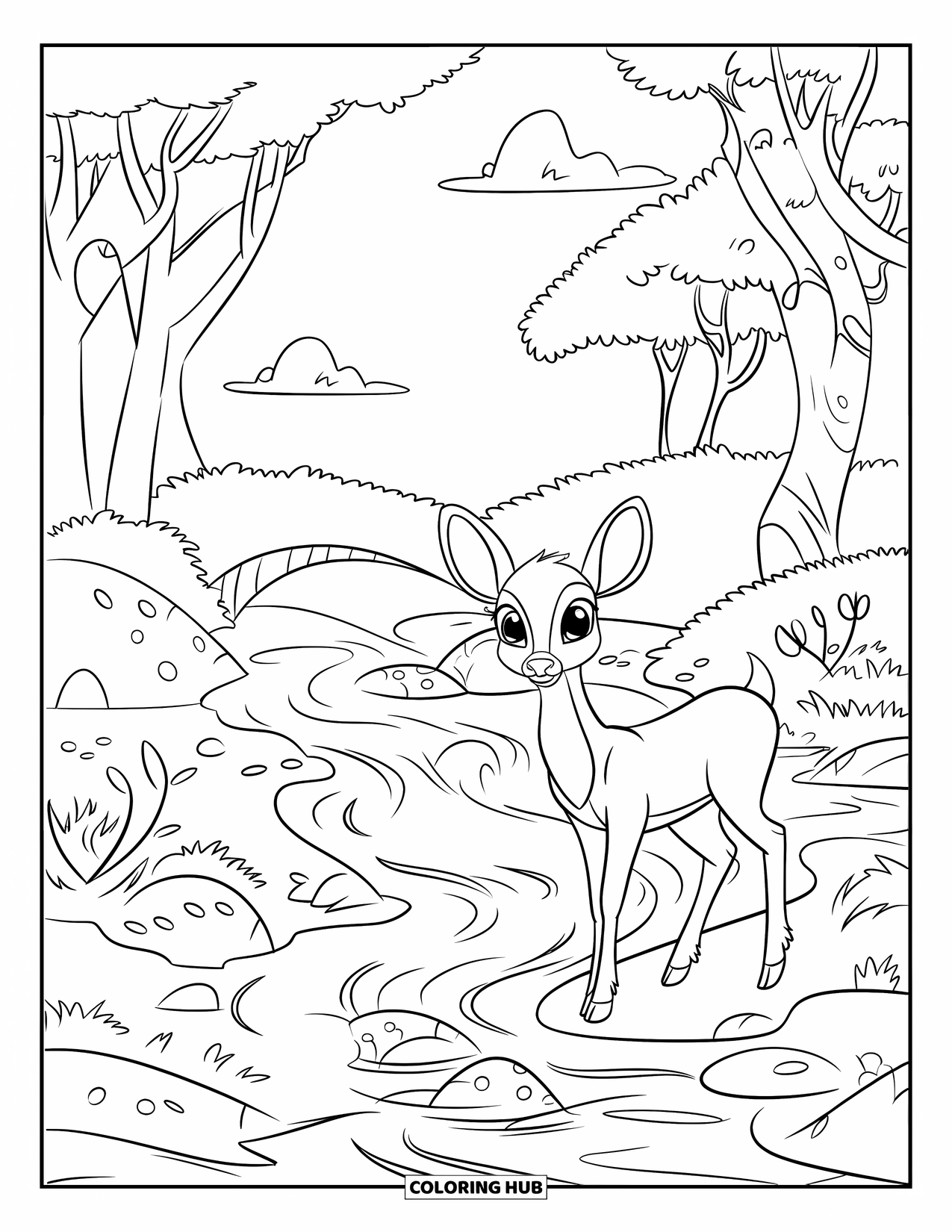 Nature Coloring Page for Kids: A deer with expressive eyes stands by a flowing stream, with a wooden bridge in the background