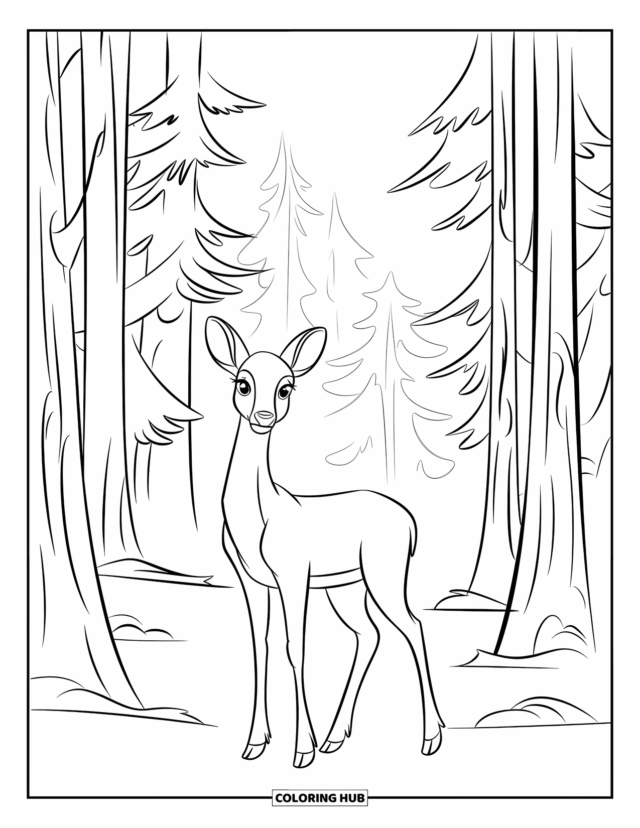 Nature Coloring Page for Kids: A deer with soft eyes stands in a misty forest filled with towering pine trees