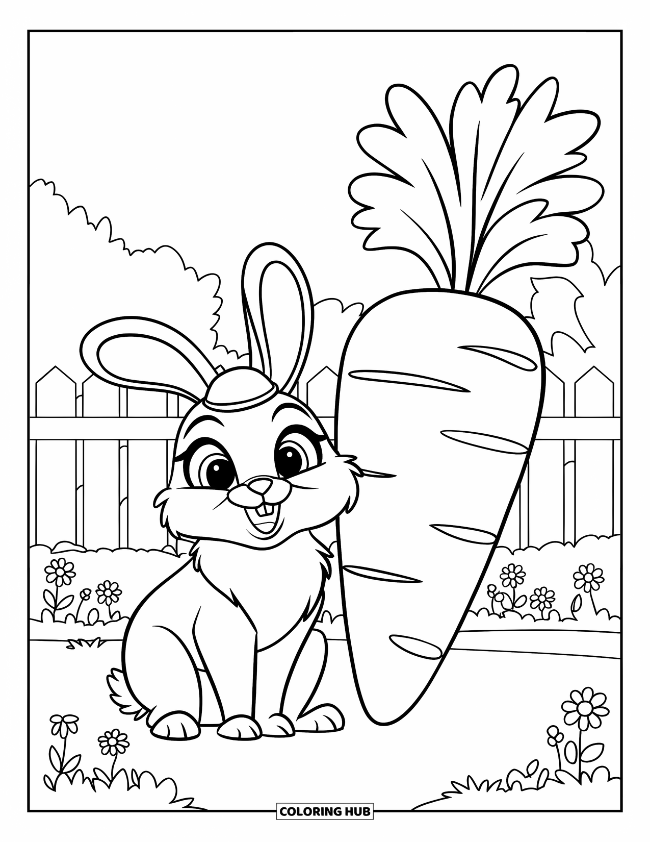 Nature Coloring Page for Kids: A fluffy rabbit wearing a hat sits beside a giant carrot in a peaceful garden