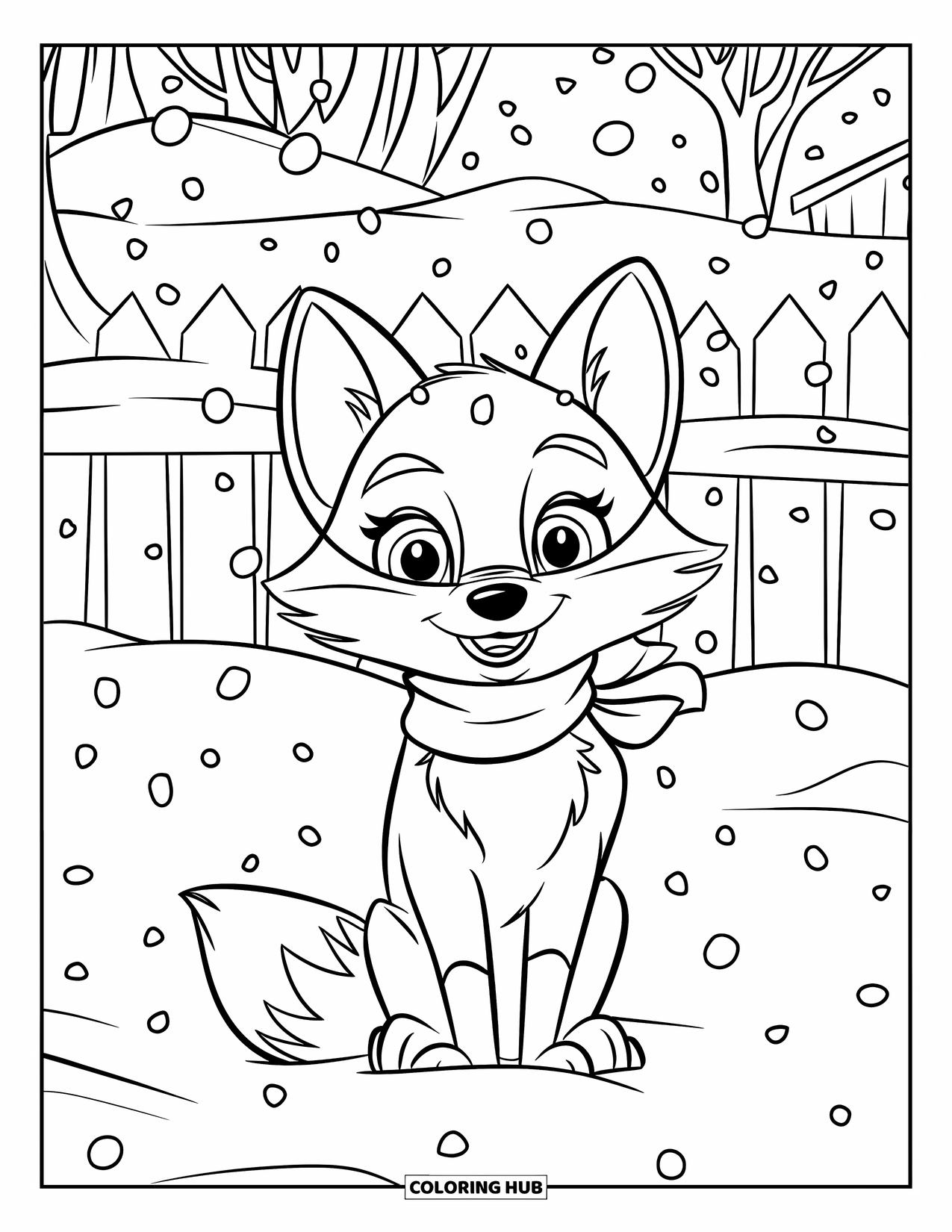 Nature Coloring Page for Kids: A fox in a scarf sits in the snow, surrounded by trees and falling snowflakes