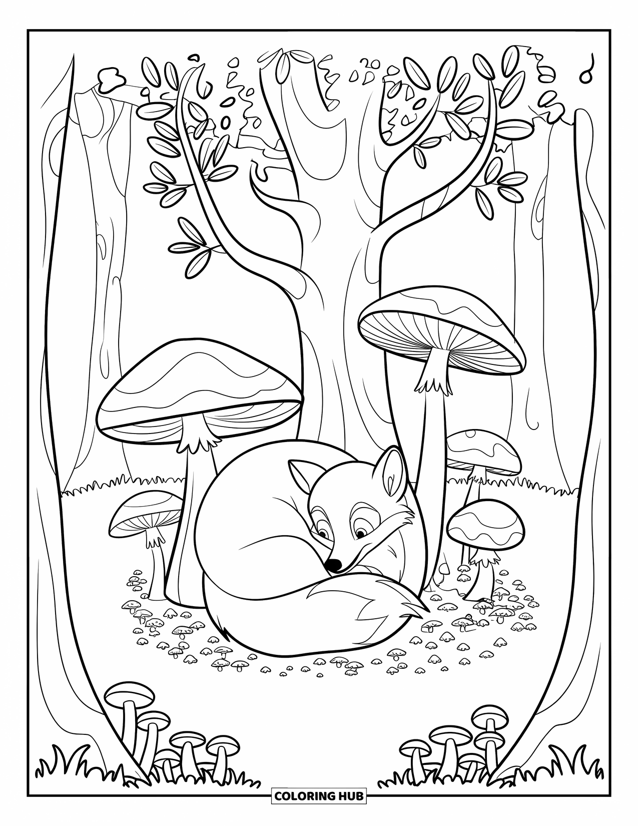 Nature Coloring Page for Kids: A fox sleeps peacefully under a tree, nestled among mushrooms in a quiet forest